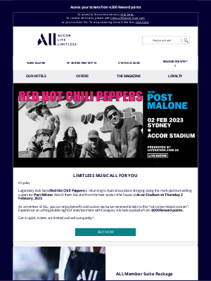 Accor Hotels: Mercure Hotel (UK) - Red Hot Chili Peppers with Post Malone at Accor Stadium