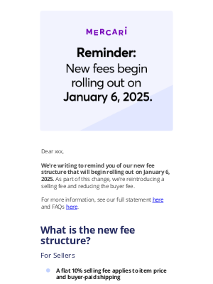 Mercari - Reminder: New fees begin on 1/6/25