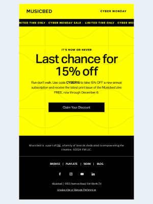 Musicbed - Last chance for 15% off a Musicbed subscription!