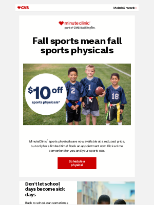 CVS Pharmacy - Alice, Save $10 on Sports Physicals at MinuteClinic.