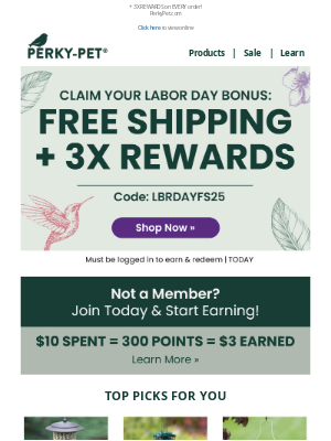 Perky Pet Feeders - BONUS Labor Day Savings: FREE Shipping!