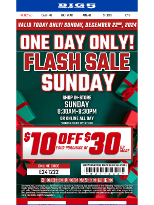 Big 5 Sporting Goods - $10 OFF $30 or more ⚡ FLASH DEAL!