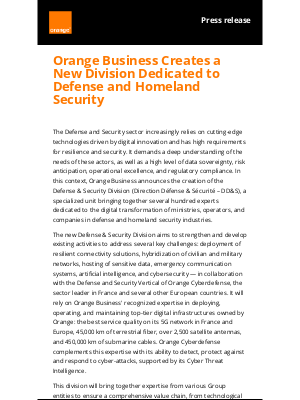 Orange - Orange Business Creates a New Division Dedicated to Defense and Homeland Security