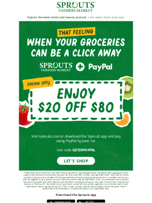 Sprouts Farmers Market, Inc. - $20 off $80 is the best start to shopping online with PayPal!