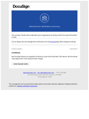 DocuSign - Administrator Notification Summary: Week of November 4