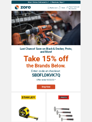 Zoro - 🔨Last Day! 15% off Black & Decker, Proto, Stanley, and More!