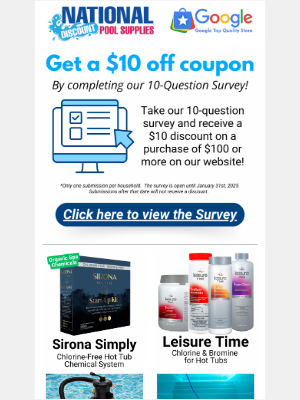 National Discount Pool Supplies - Get a $10 off Coupon for completing our Survey!