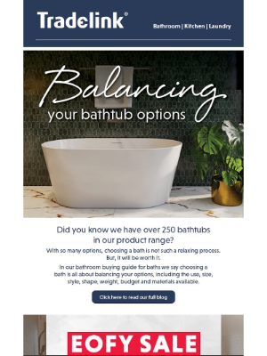 Tradelink (Australia) - Over 200 bathtubs at 20% off! Get in Quick - this sale won't last forever! 🛁