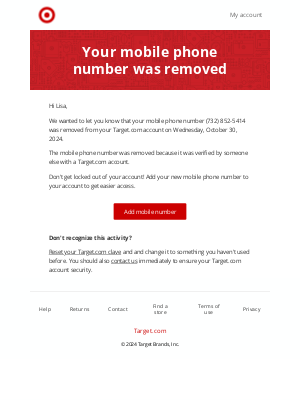 Target - Your mobile phone number has been removed from your account.