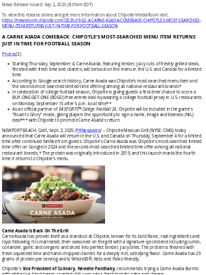 Chipotle Mexican Grill - A CARNE ASADA COMEBACK: CHIPOTLE'S MOST-SEARCHED MENU ITEM RETURNS JUST IN TIME FOR FOOTBALL SEASON
