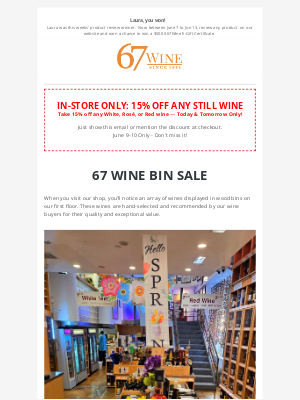 67 Wine & Spirits - 15% Off All Wine In-Store Only! | Bin Wines on Sale | Tequila & Wine Class Inside