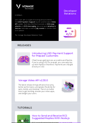 Vonage - 🚀 Vonage Developer Newsletter, June 2025: Prepaid USD, RCS, phpday recap, and more