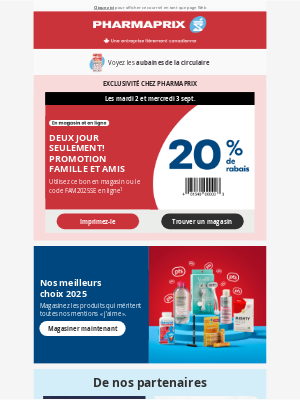 Pharmaprix (Canada-French) - Le RABAIS DE 20 % est en cours MAINTENANT, ne ratez pas cette occasion! 🎉