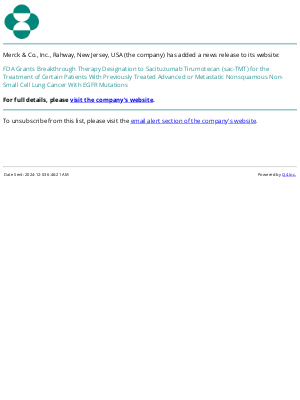 Merck & Co - FDA Grants Breakthrough Therapy Designation to Sacituzumab Tirumotecan (sac-TMT) for the Treatment of Certain Patients With Previously Treated Advanced or Metastatic Nonsquamous Non-Small Cell Lung Cancer With EGFR Mutations