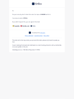 VRBO - Your code is 979152 — DON’T SHARE