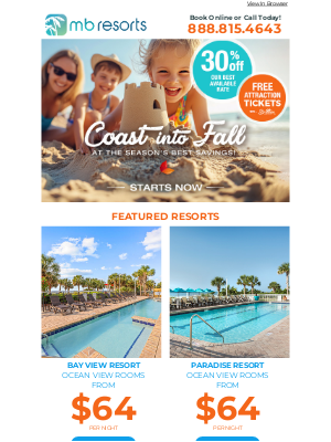 Brittain Resorts & Hotels - 🍂 Your Oceanfront Fall Getaway Awaits: Ocean View Rooms from $64 Per Night During Our Coast Into Fall Sale! 🏝