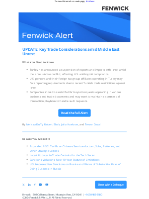 Fenwick & West - [Fenwick Alert] UPDATE: Key Trade Considerations amid Middle East Unrest