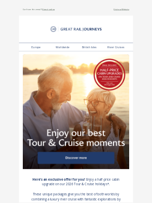 Great Rail Journeys - Email exclusive! Half-price cabin upgrades