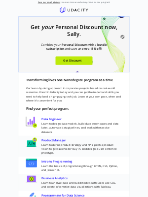 Udacity - Save more with your personal discount, Sally.