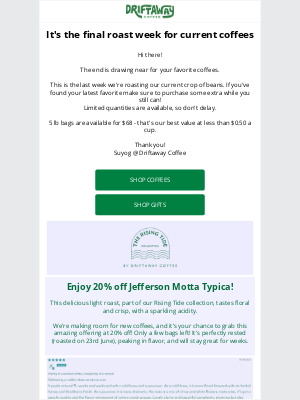 Driftaway - Final few days for these coffees + SALE on Jefferson Motta Typica!