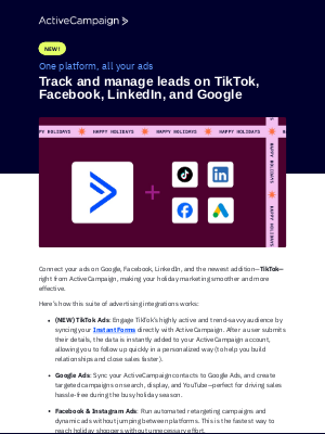 ActiveCampaign - TikTok (New), Google, Facebook, LinkedIn Ads—All managed from ActiveCampaign