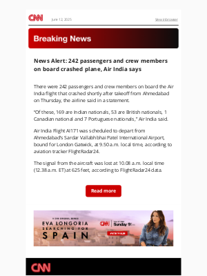 CNN - News Alert: 242 passengers and crew members on board crashed plane, Air India says