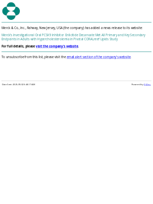 Merck & Co - Merck’s Investigational Oral PCSK9 Inhibitor Enlicitide Decanoate Met All Primary and Key Secondary Endpoints in Adults with Hypercholesterolemia in Pivotal CORALreef Lipids Study