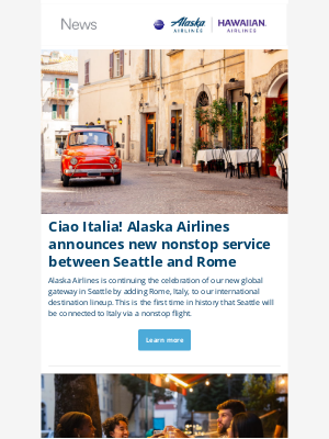Alaska Airlines - Coming Soon 📣: New Nonstops Between the Emerald City and the Eternal City!