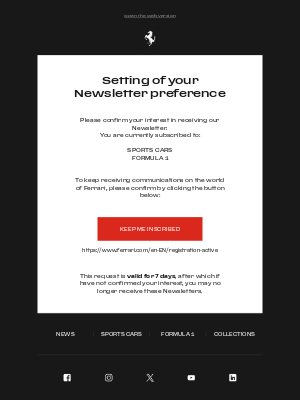 Ferrari - Action Required: setting of your Newsletter preference