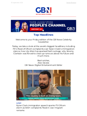 GB News (United Kingdom) - Rylan's speech prompts Ofcom complaints | Lily Allen sparks outrage | Clarkson sets record straight