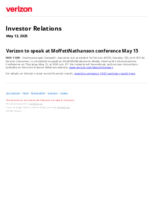 Verizon - Verizon to speak at MoffettNathanson conference May 15