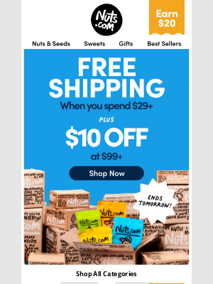 Nuts - Ends Tomorrow: $10 OFF & FREE SHIPPING!