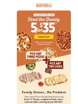 Blaze Pizza - Take a break...3 Pizzas + 2 Sides starting at just $35!