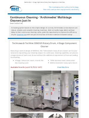 Riley Surface World (United Kingdom) - Continuous Cleaning - ‘Archimedes’ Multistage Cleaners Just In
