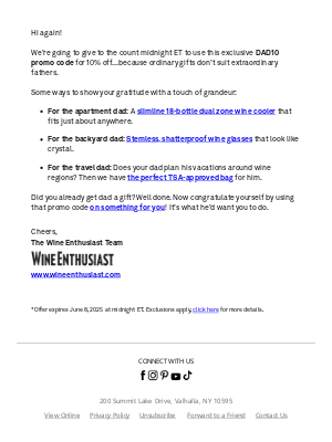 Wine Enthusiast Catalog - Last Chance! 10% Off Your Order Ends Tonight!