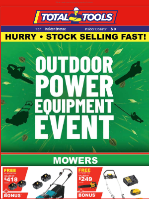 Total Tools (Australia) - HURRY, Esther! Outdoor Power Equipment Selling Fast at Total Tools! Don't miss out on deals on Mowers, Pressure Washers, Blowers, Trimmers and more!