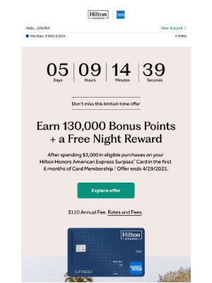 Hilton Hotels & Resorts - LENORA, don’t miss our 130K Bonus Points offer + a Free Night Reward.