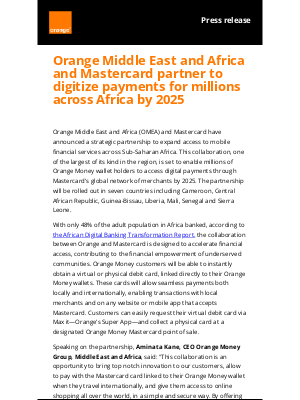 Orange - Orange Middle East and Africa and Mastercard partner to digitize payments for millions across Africa by 2025 