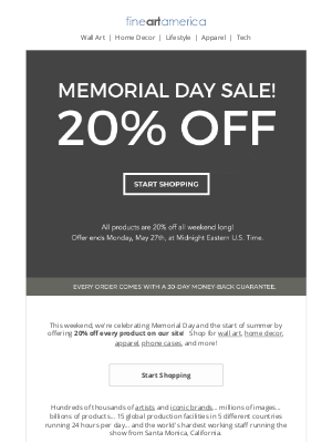 Fine Art America - Memorial Day Weekend Sale - 20% Off All Products - Now Through Monday!