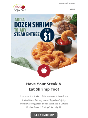 Applebee's - Upgrade your Steak entrée with shrimp for $1