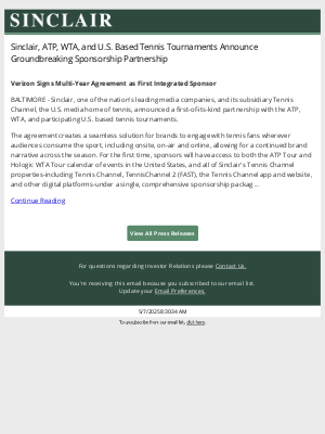 Sinclair Broadcast Group - Sinclair, ATP, WTA, and U.S. Based Tennis Tournaments Announce Groundbreaking Sponsorship Partnership