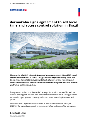dormakaba - dormakaba signs agreement to sell local time and access control solution in Brazil