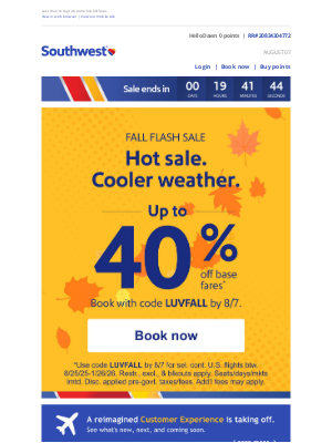 Southwest Airlines - FINAL DAY: Up to 40% off base fares.