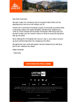 Kelty - Sitewide Price Changes Coming July 7