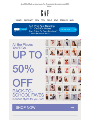 Gap - You lucked out: We're treating you to up to 50%! 50%! 50% OFF+ exclusive bonus