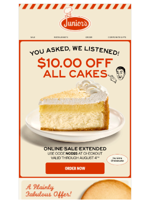 Junior's Restaurant & Cheesecake - Back By Popular Demand. $10 Off Extended Until August 4th.