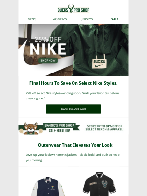 Milwaukee Bucks - Last Chance To Save 25% On Select Nike!