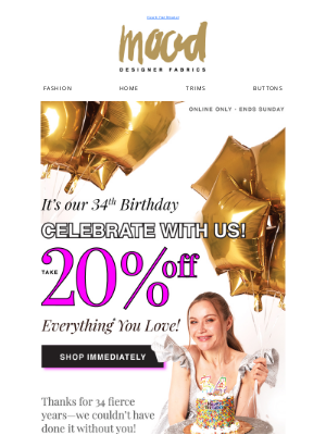 Mood Fabrics - 🎈 Last Day of Our HUGE 20% Off Sitewide Sale! Don’t Miss It