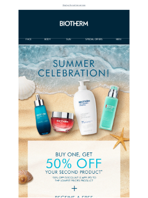 Biotherm - It's a Summer Celebration! Buy 1, Get 50% Off Your 2nd Product + Free Gift with orders of $125+