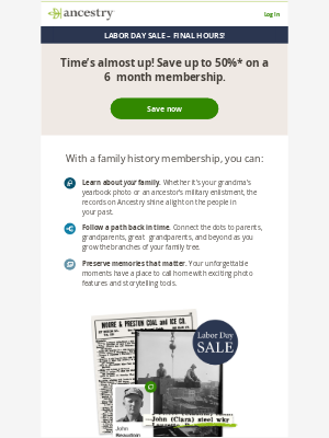 Ancestry - 🔔 FINAL CALL 🔔 Save up to 50% on memberships!